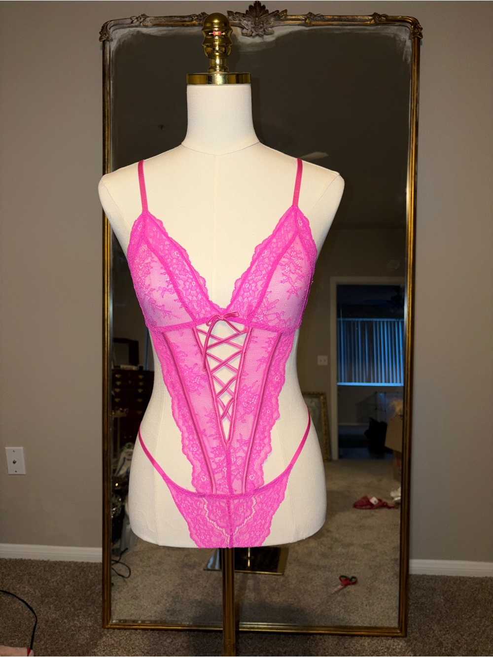 Victoria's Secret Neon Pink Lace Strappy Teddy Bodysuit